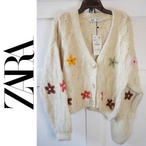NWT, Zara, Crocheted Flower Oversized Crop Cardigan Sweater, Cream, Pink, Brown